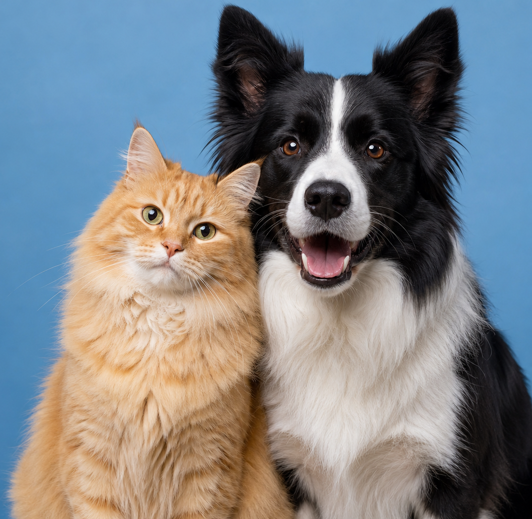 Cachorro e gato juntos para rações de cães e gatos